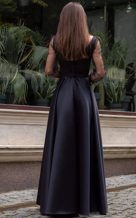 Formal Wear Dresses/Simple Floor-length Long Sleeve Satin A Line Formal Dress with Split Front Prom Dress