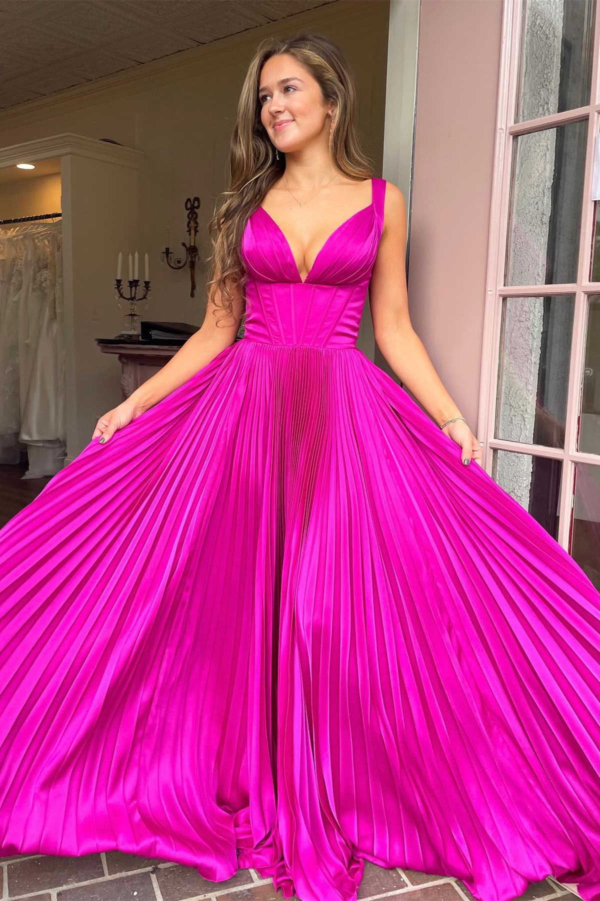 Formal Women's Dresses/A-Line V-Neck Fuchsia Pleated Long Prom Dress
