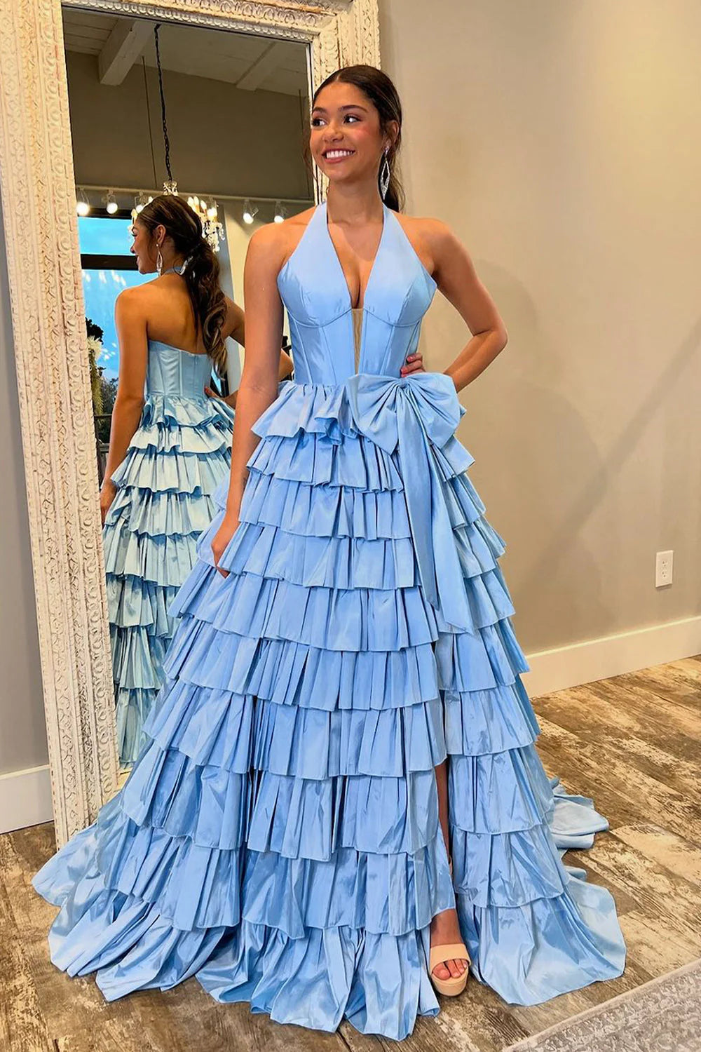 Formal Women's Dresses/Cute Ball Gown V Neck Blue Tiered Slit Prom Dress with Bow Evening Dress/Dress For Formal