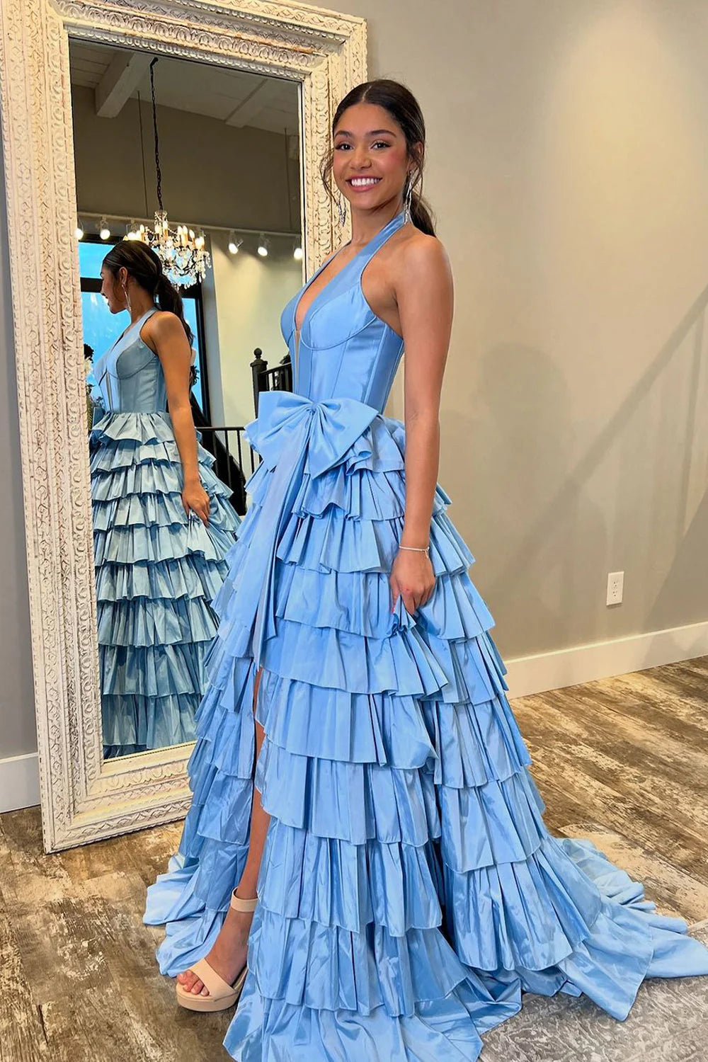 Formal Women's Dresses/Cute Ball Gown V Neck Blue Tiered Slit Prom Dress with Bow Evening Dress/Dress For Formal