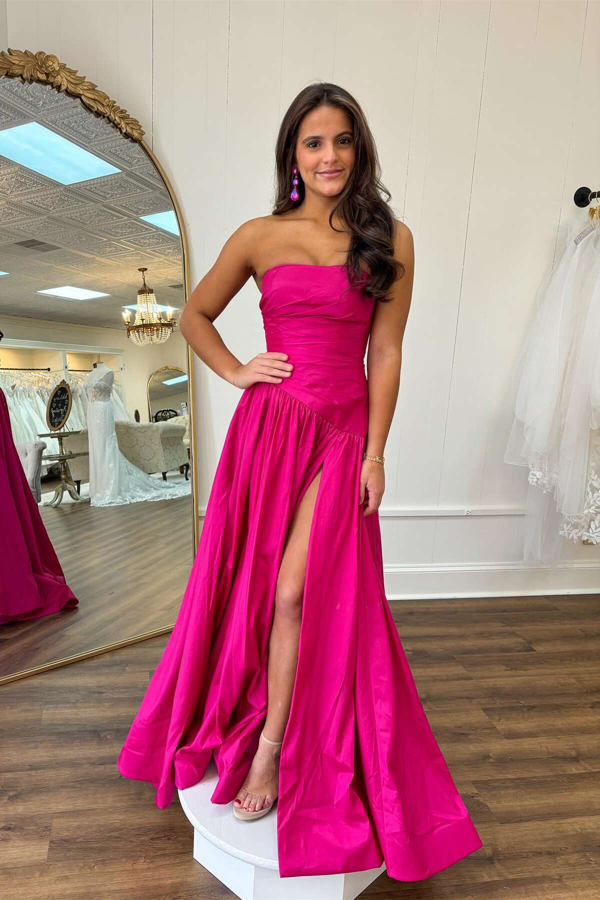 Formal Women's Dresses/Cute Strapless Fuchsia Satin Long Prom Dress with Slit/Dress For Formal