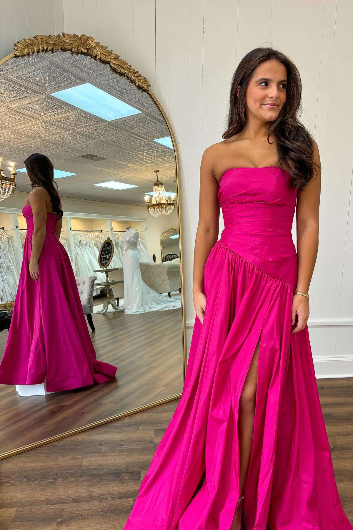 Formal Women's Dresses/Cute Strapless Fuchsia Satin Long Prom Dress with Slit/Dress For Formal