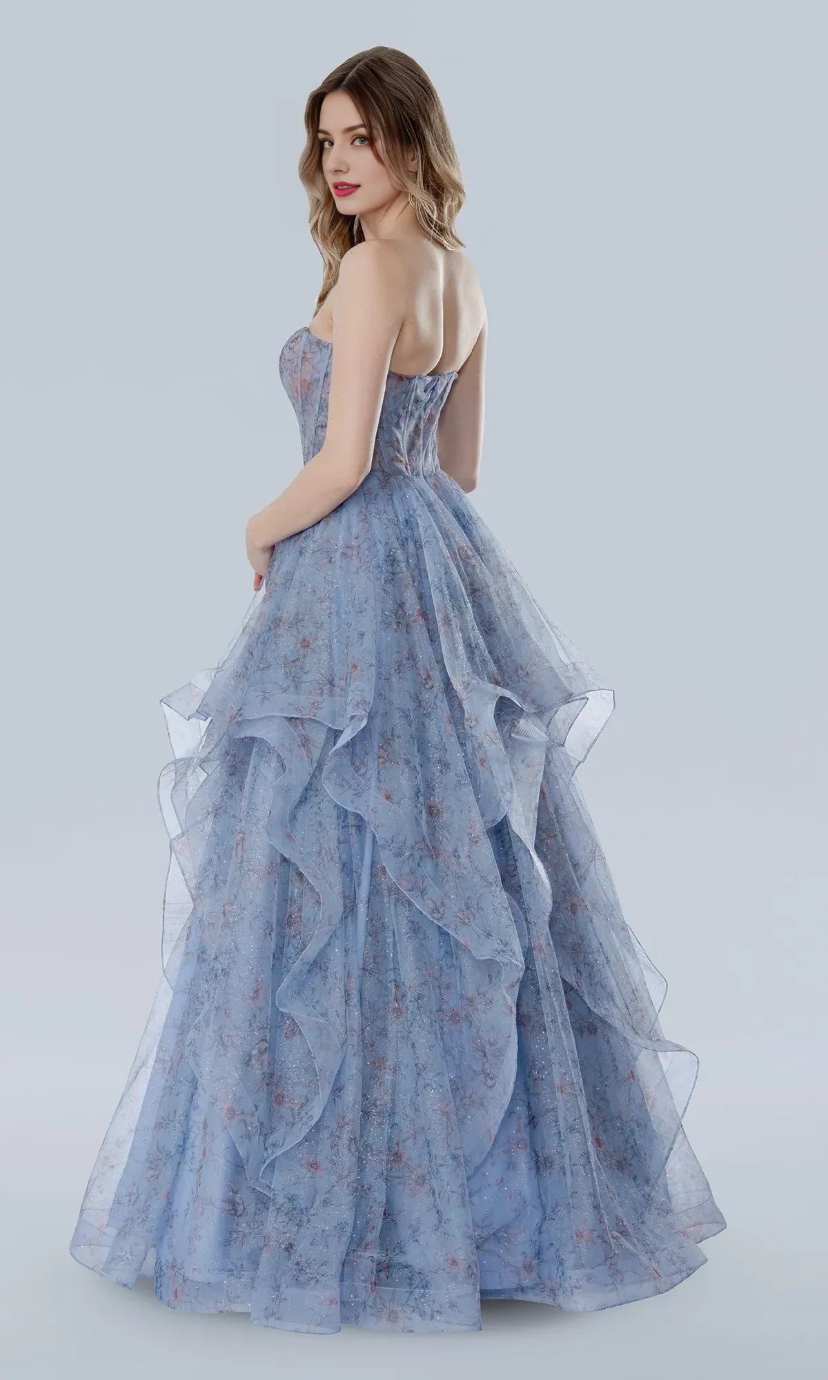 Formal Women's Dresses Floral Strapless Prom Ball Gown With Corset Bodice Layered Glitter Tulle Prom Dress Prom Dress In Store