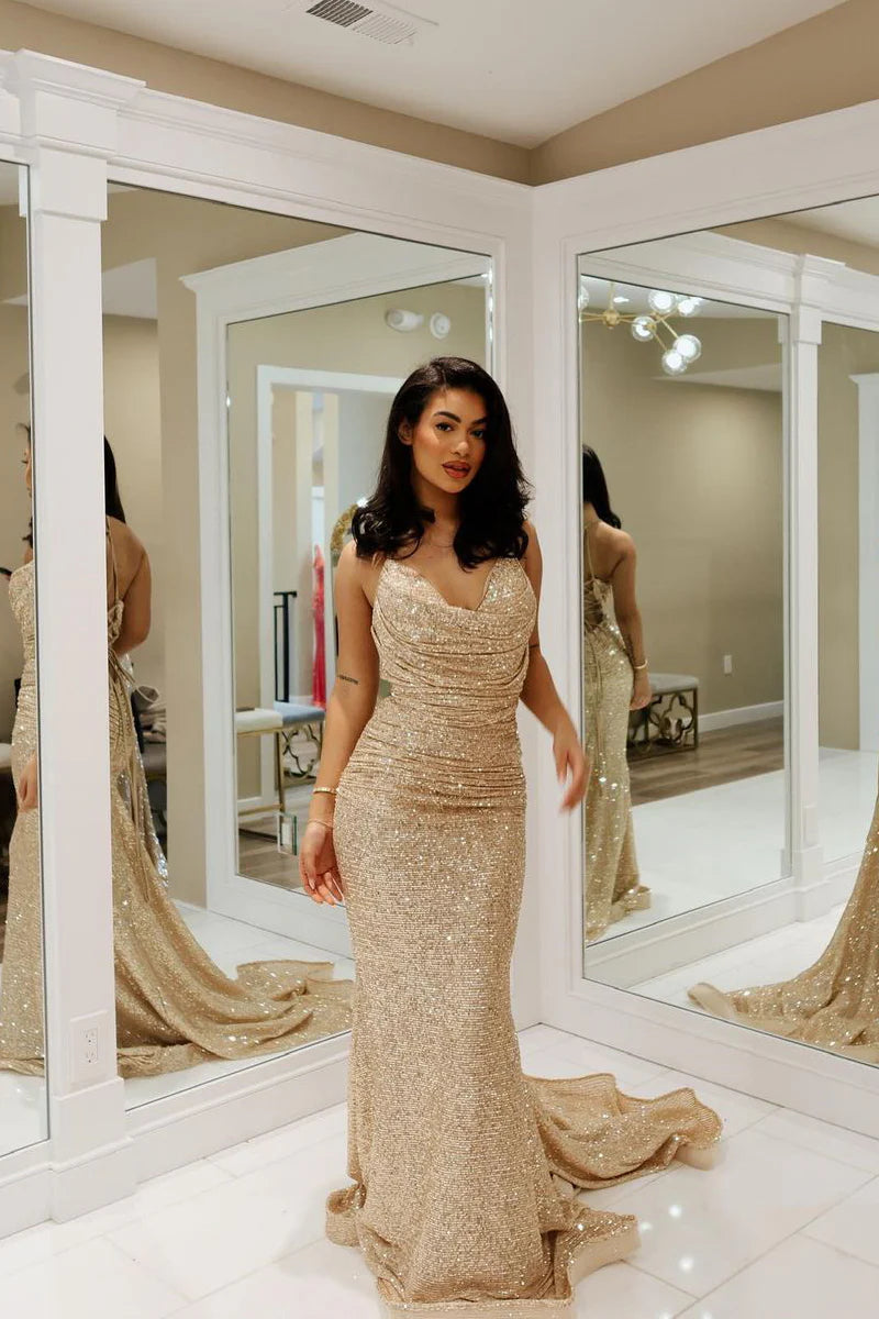 Formal Women's Dresses/Gold Cowl Neck Sequins Mermaid Long Prom Dresses Evening Dress/Dress For Formal