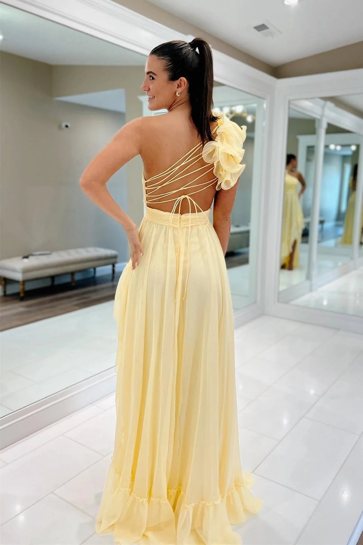 Formal Women's Dresses/Light Yellow A-line One Shoulder Lace-Up Pleated Ruffle High-Low Prom Dresses Evening Dress/Dress For Formal