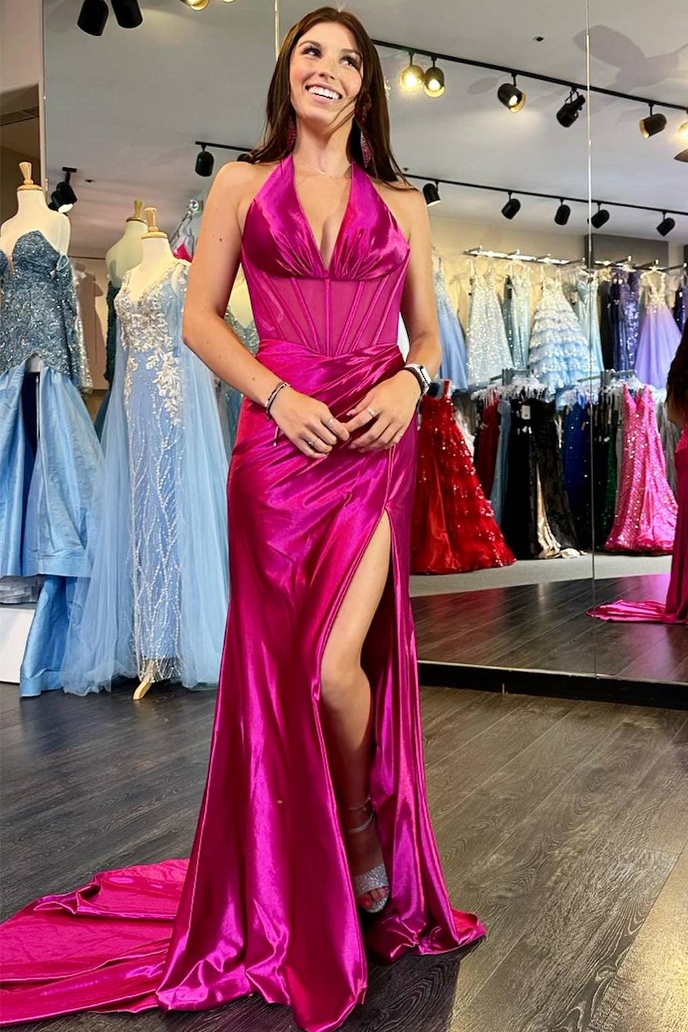 Formal Women's Dresses/Magenta Halter Ruched Mermaid Long Prom Dress with Slit