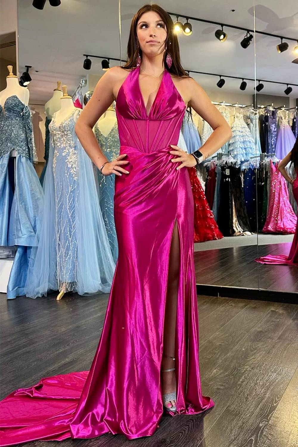 Formal Women's Dresses/Magenta Halter Ruched Mermaid Long Prom Dress with Slit