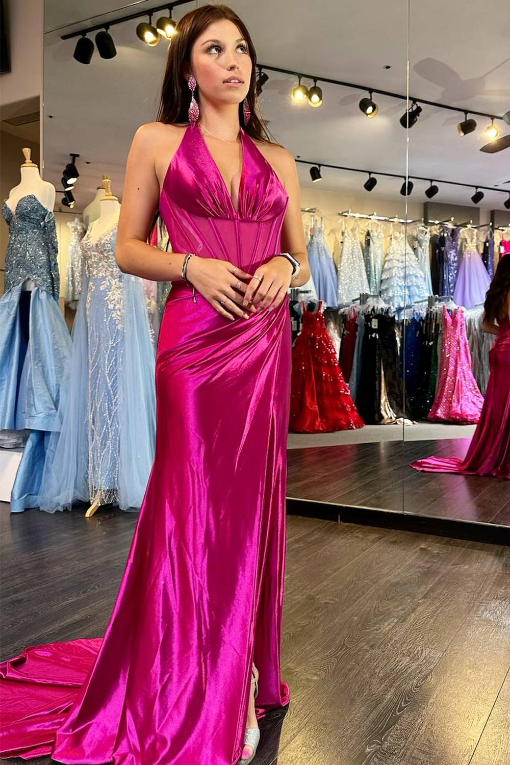 Formal Women's Dresses/Magenta Halter Ruched Mermaid Long Prom Dress with Slit