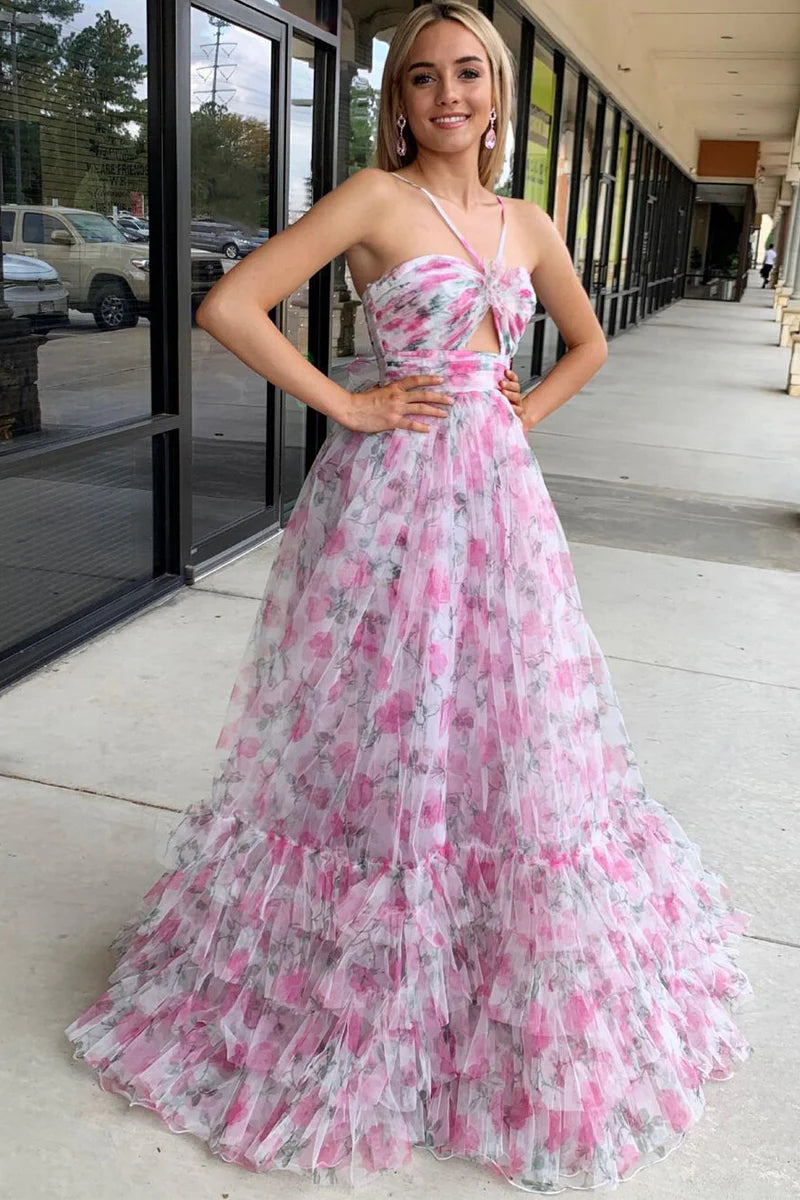 Formal Women's Dresses/Pink Print Halter Keyhole A-Line Long Prom Dress/Dress For Formal