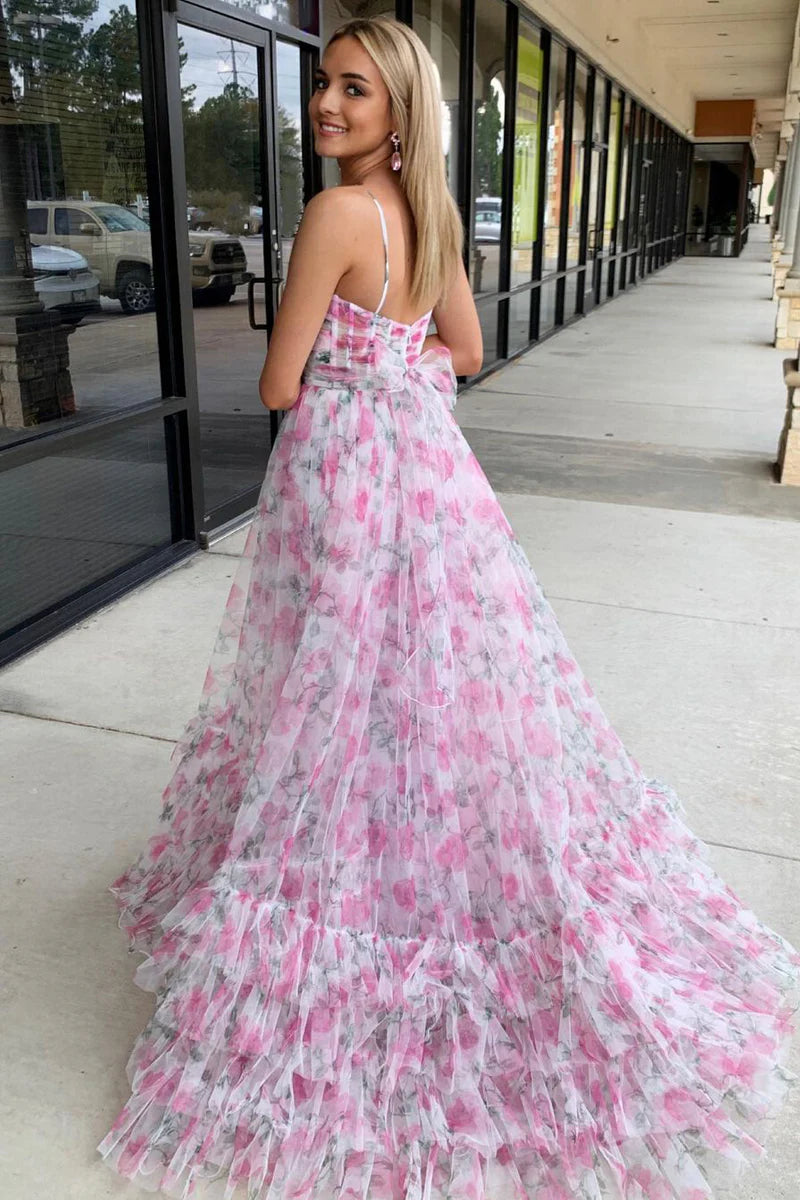 Formal Women's Dresses/Pink Print Halter Keyhole A-Line Long Prom Dress/Dress For Formal
