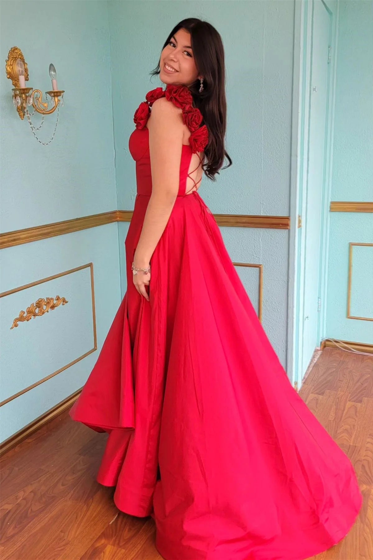 Formal Women's Dresses/Red Floral Straps A-line Satin Long Prom Dress with Slit/Dress For Formal