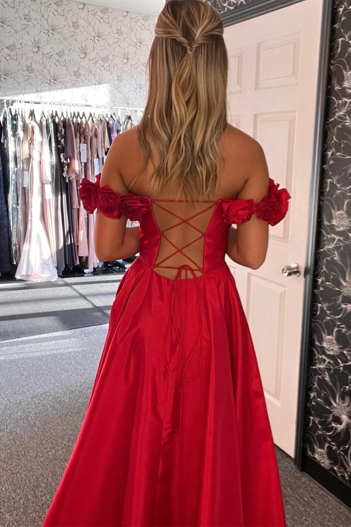 Formal Women's Dresses/Red Floral Straps A-line Satin Long Prom Dress with Slit/Dress For Formal