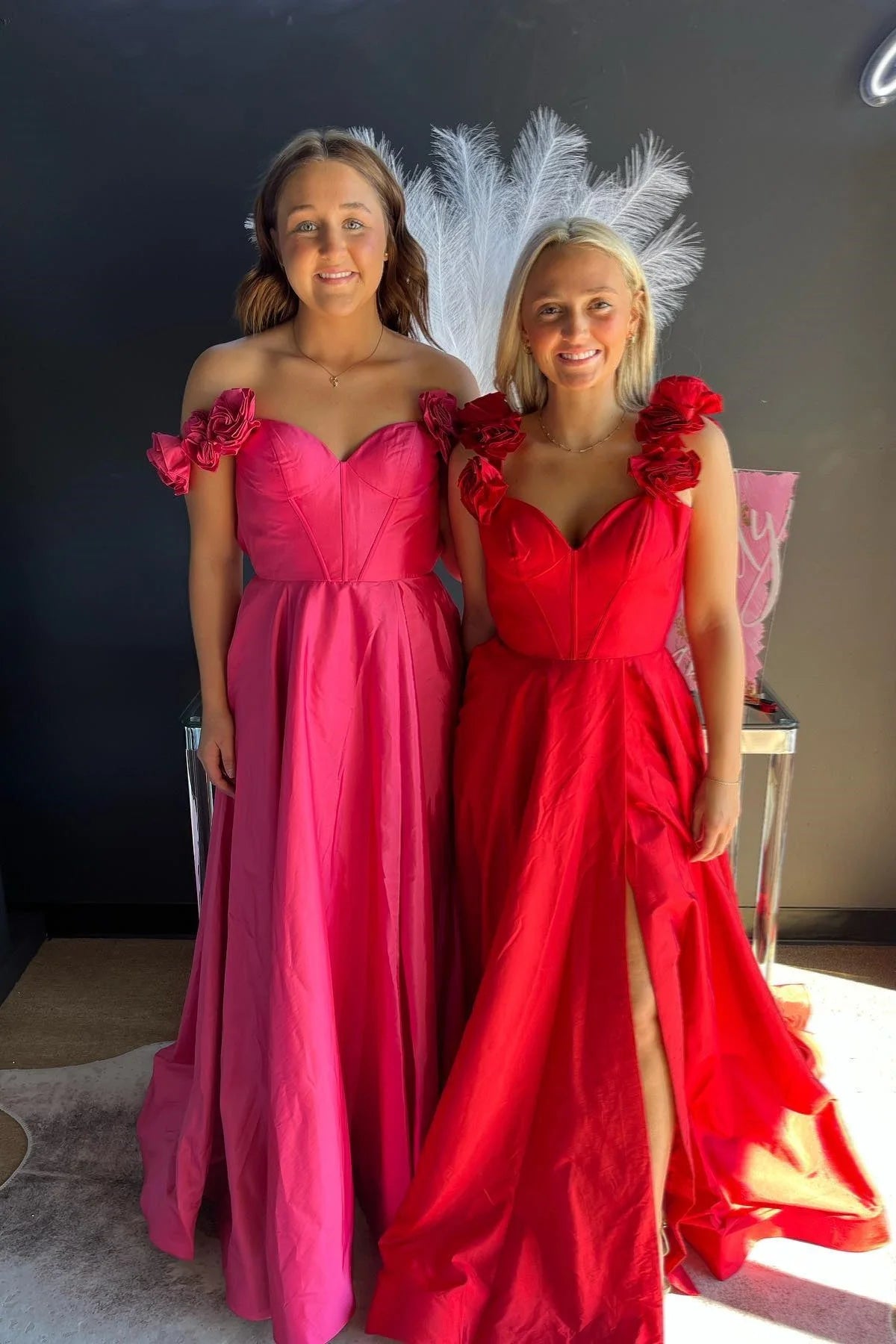 Formal Women's Dresses/Red Floral Straps A-line Satin Long Prom Dress with Slit/Dress For Formal