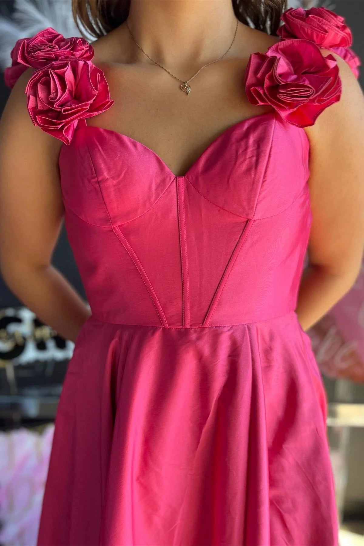 Formal Women's Dresses/Red Floral Straps A-line Satin Long Prom Dress with Slit/Dress For Formal