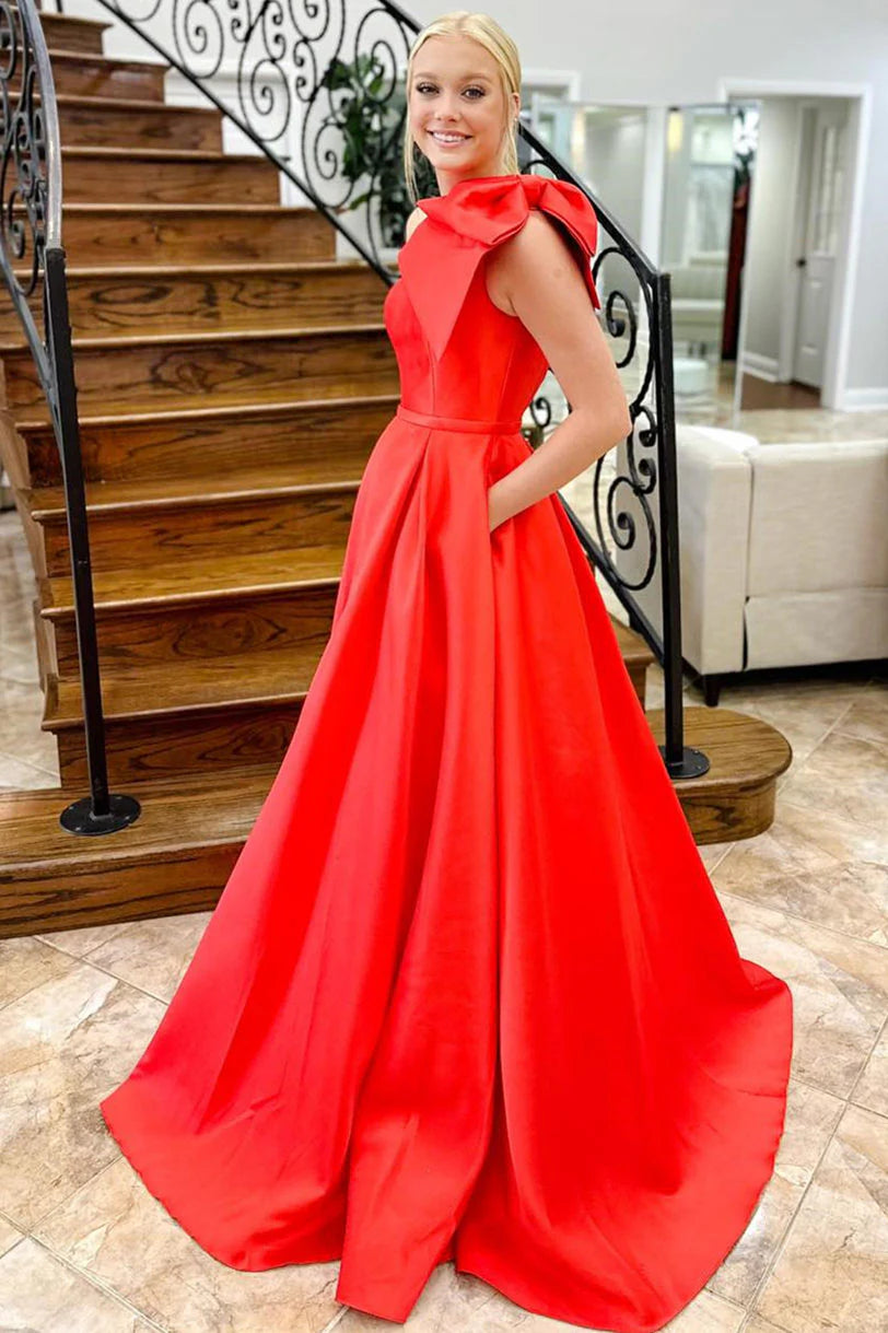 Formal Women's Dresses/Red One Shoulder Bow Tie Satin Prom Dress with Pockets