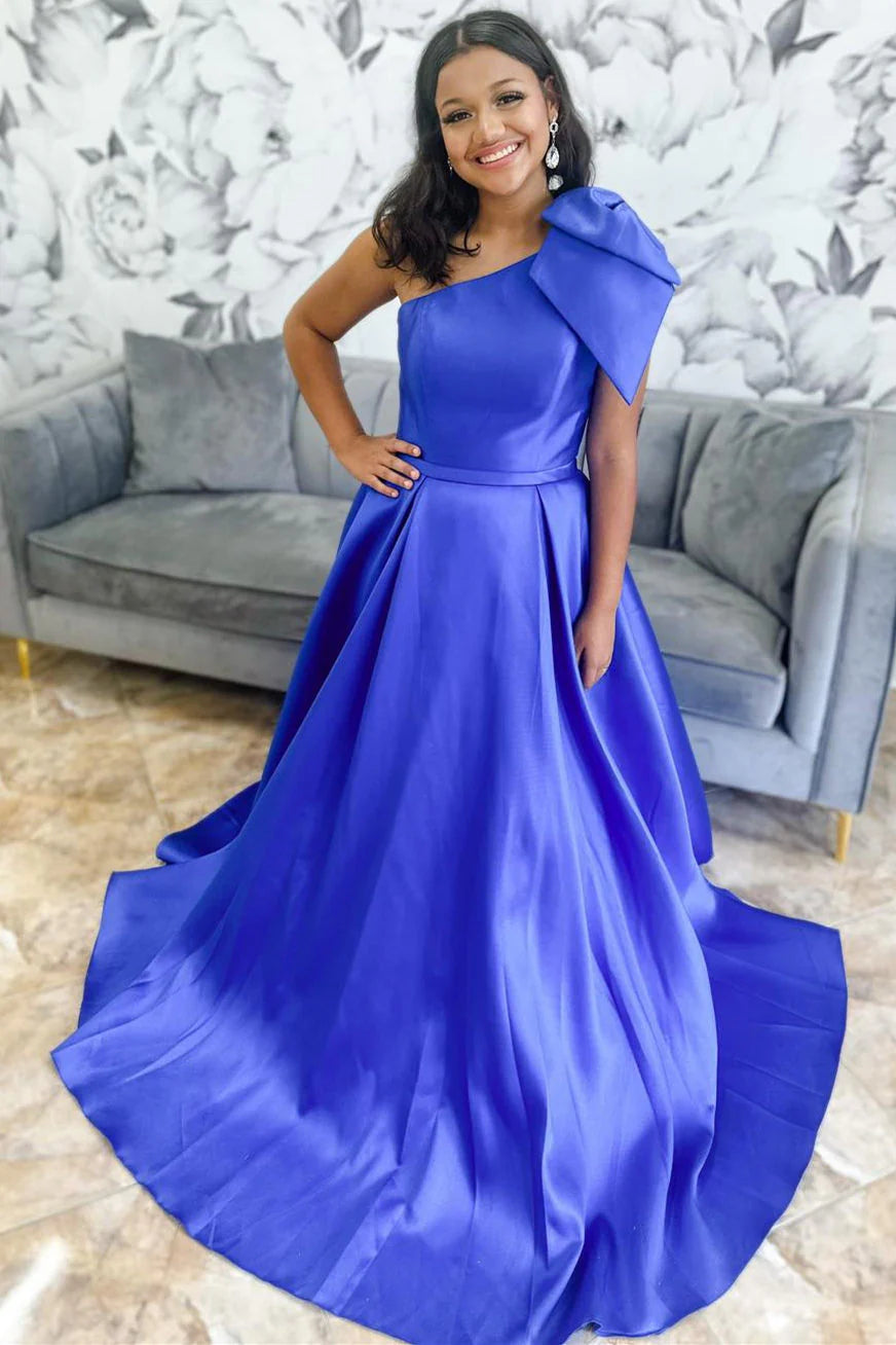 Formal Women's Dresses/Red One Shoulder Bow Tie Satin Prom Dress with Pockets