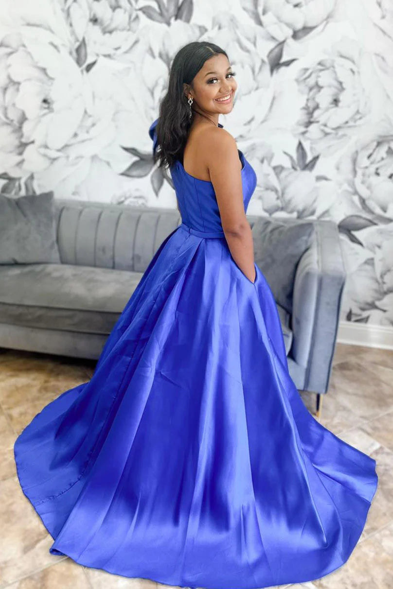 Formal Women's Dresses/Red One Shoulder Bow Tie Satin Prom Dress with Pockets