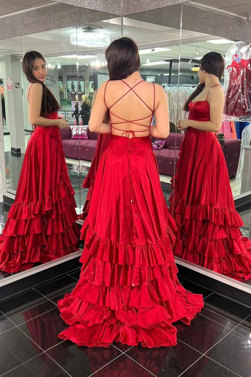 Formal Women's Dresses/Red Scoop Neck Ruffle Tiered Satin A-Line Long Prom Dresses Evening Dress/Dress For Formal
