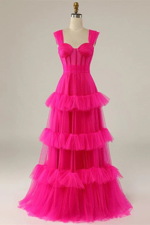 Formal Women's Dresses/Straps Hot Pink Ruffle Tiered Long Prom Dress