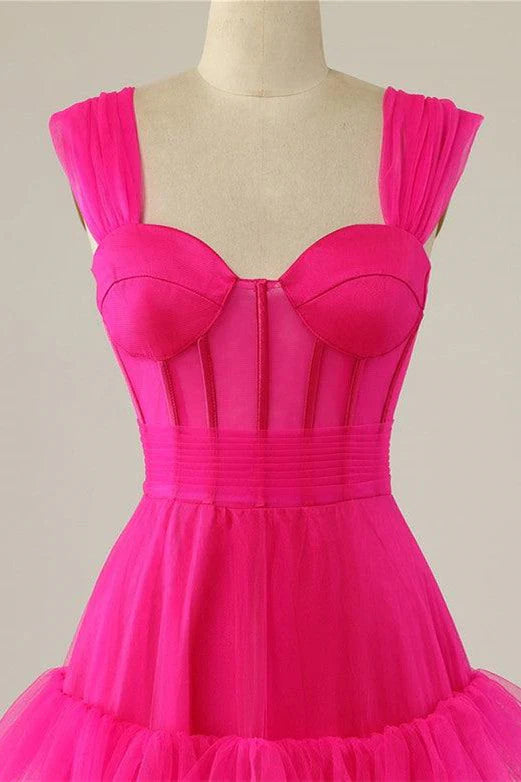 Formal Women's Dresses/Straps Hot Pink Ruffle Tiered Long Prom Dress