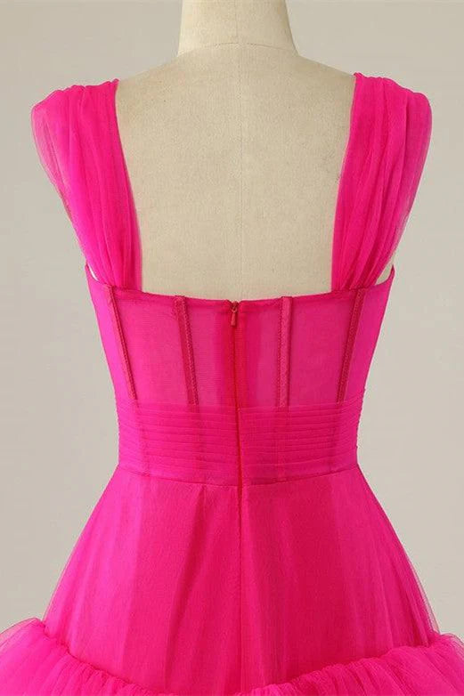 Formal Women's Dresses/Straps Hot Pink Ruffle Tiered Long Prom Dress