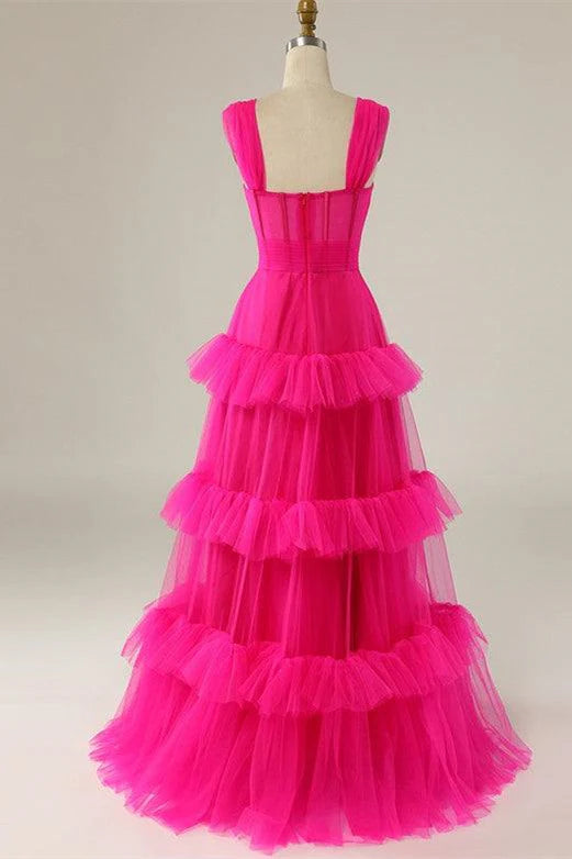 Formal Women's Dresses/Straps Hot Pink Ruffle Tiered Long Prom Dress