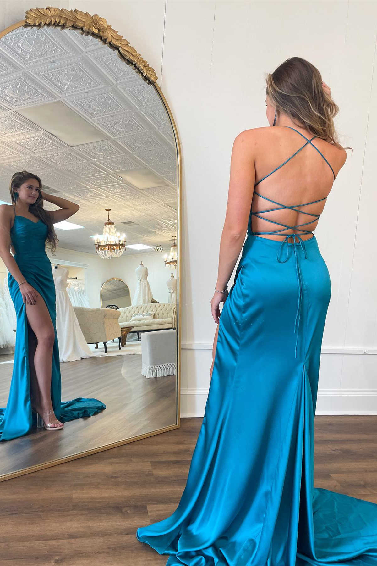 Formal Women's Dresses/Straps Teal V-Neck Ruched Long Prom Dress