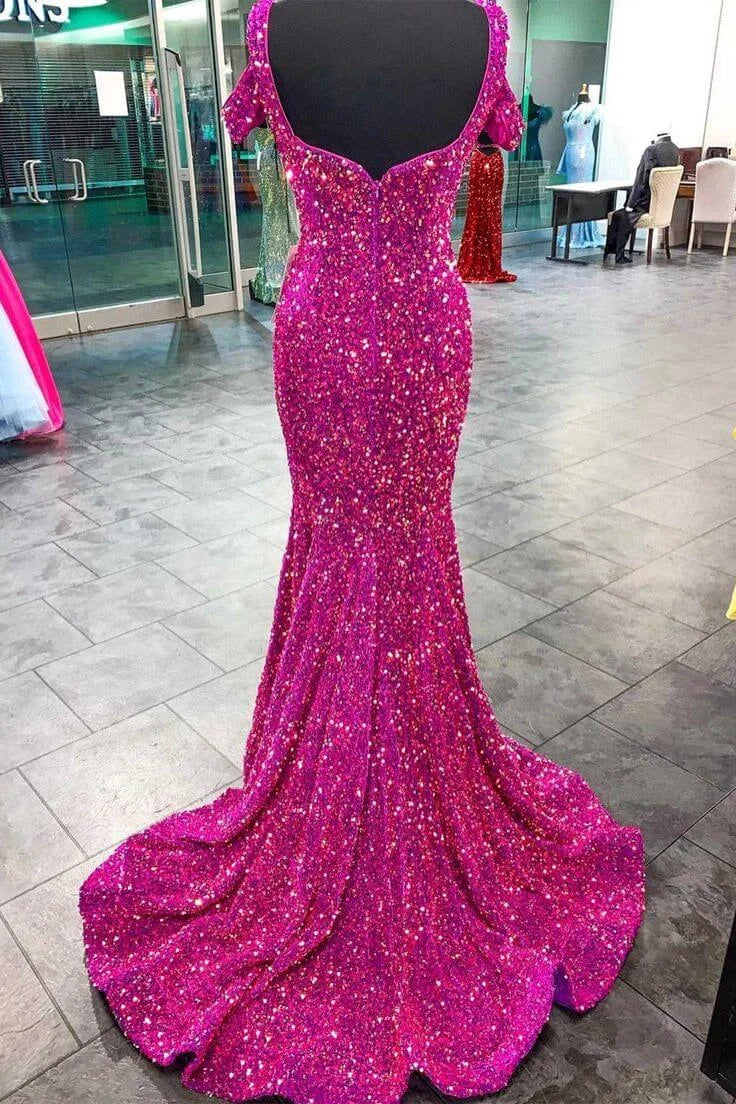 Fuchsia Sequin Formal Dresses Magenta Cold-Shoulder Mermaid Prom Dress Long