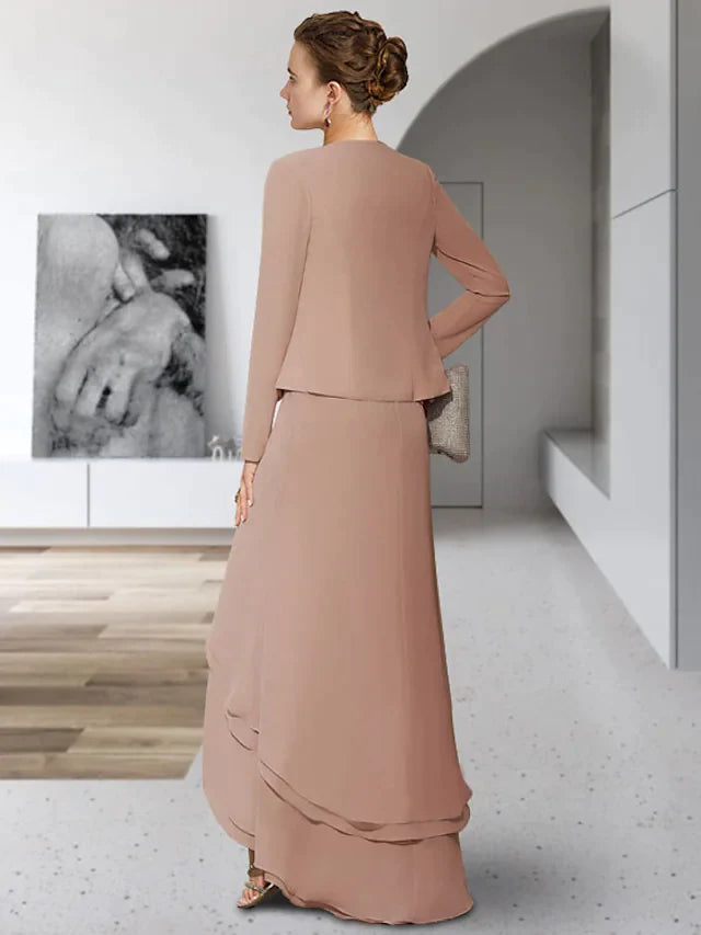 Two Piece A-Line Mother of the Bride Dress Elegant Jewel Neck Asymmetrical Chiffon Lace Sleeveless with Tier Appliques