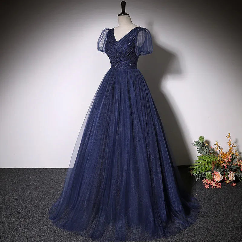 Glam Glitter Tulle Long Evening Dress Navy V-Neck Puff Sleeve for Women