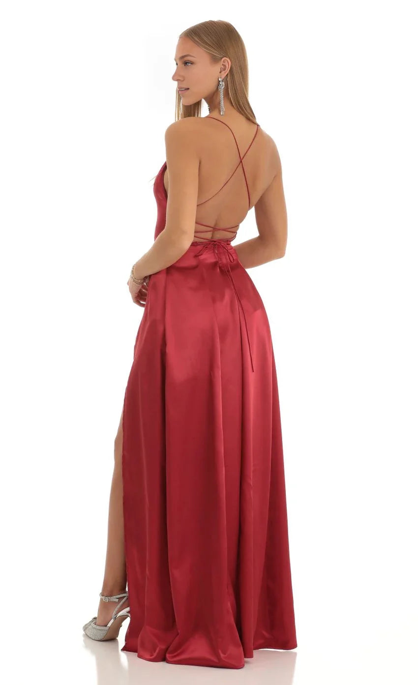 Glamorous A-Line Square-Neck Spaghetti-Strap Lace-Up Back High-Slit Floor-Length Prom Dresses
