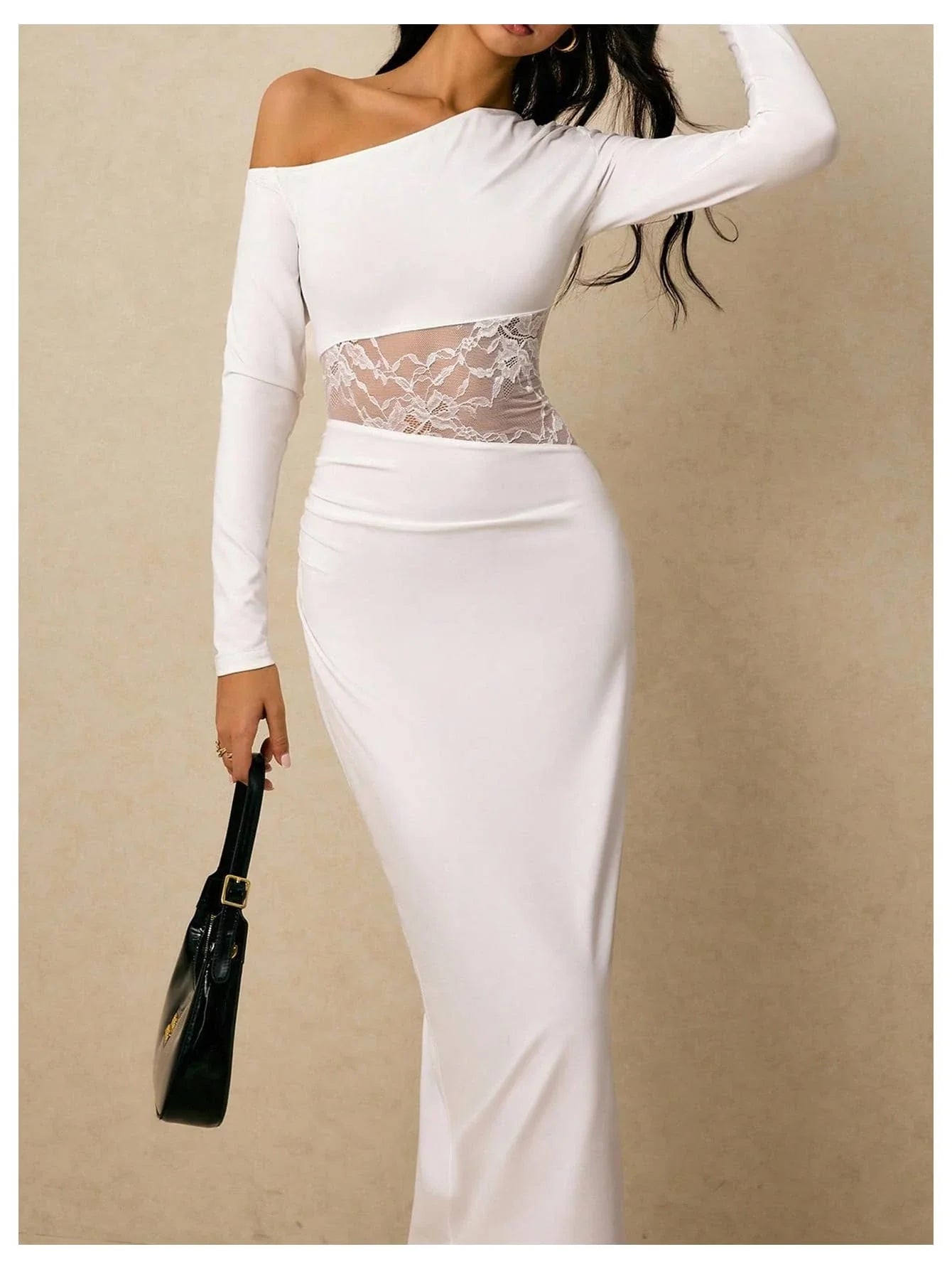 Chic Sheath One-Shoulder Long-Sleeve Lace-Panel Open-Back Midi Evening Dress