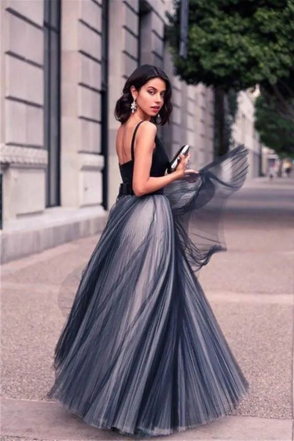 Glamorous A-Line V Neck Spaghetti Strap Low Open Back Floor Length Evening Gala Dress