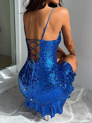 Glamorous Bodycon Cowl Neck Spaghetti Strap Lace-Up Back Ruffle Hem Mini Party Dress