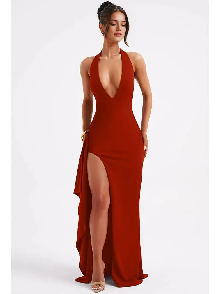Glamorous Bodycon Halter Deep V-Neck Sleeveless Tie-Back High-Slit Maxi Evening Dress