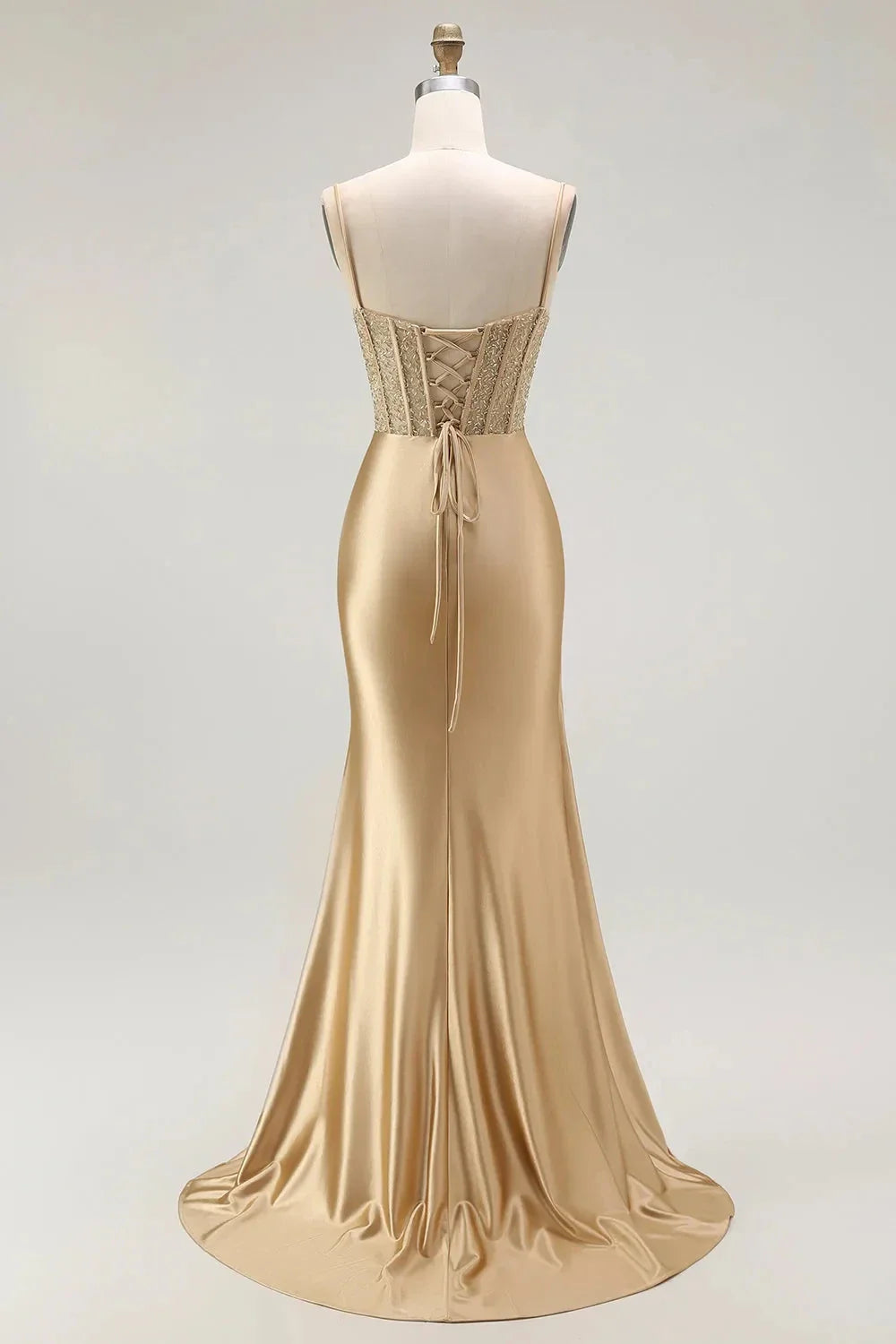 Glamorous Spaghetti Straps Lace-Embellished Satin Mermaid Evening Dress with Side Slit