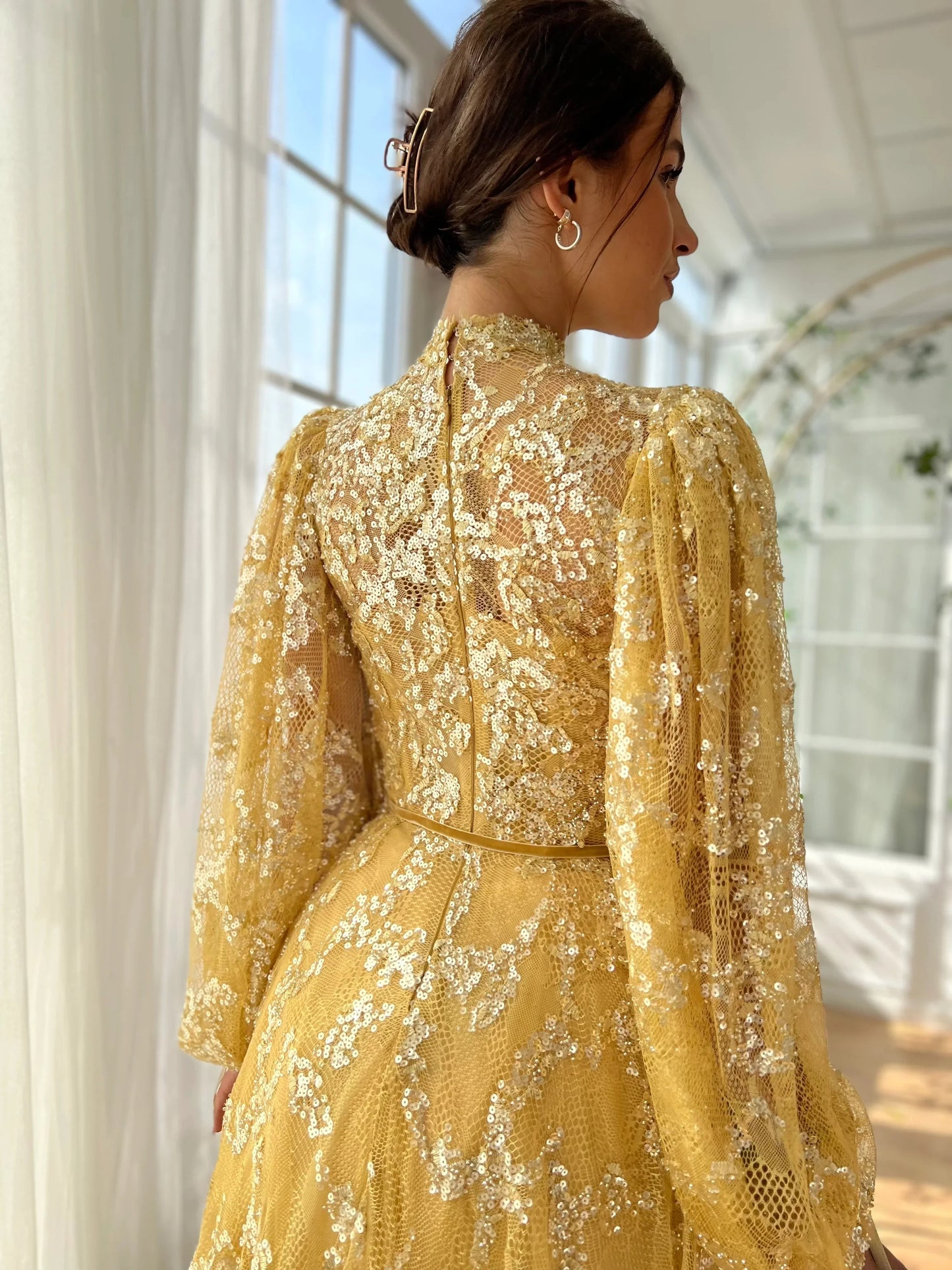Glamorous High Neck Lantern Sleeve Sequin Lace Embroidered Maxi Evening Dress