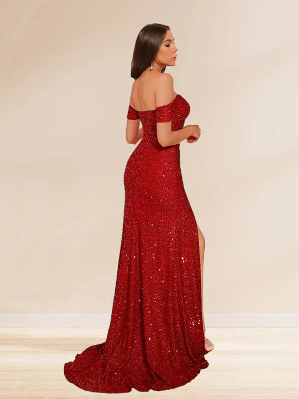 Glamorous Mermaid Off-Shoulder All-Sequin-Slit-Back Red Tulle Floor-Length Prom Dresses