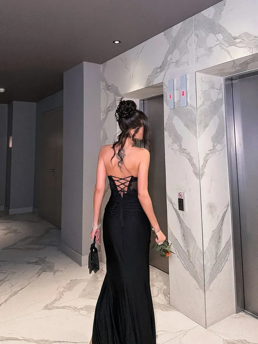 Glamorous Mermaid Strapless Sleeveless Lace-Up-Back Slit Maxi Evening Dress