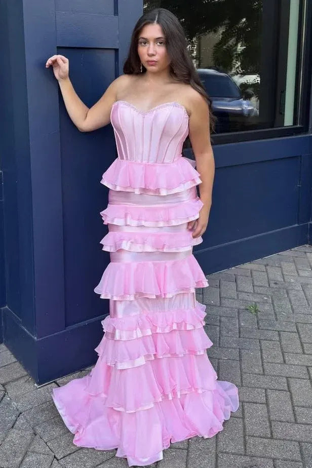 Glamorous Mermaid Sweetheart Neckline Tiered Ruffle Backless Lace-Up Satin Evening Dress With Train