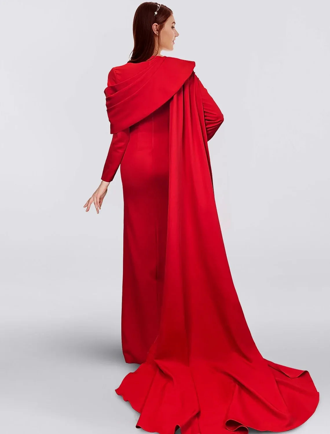 Glamorous Mermaid V-Neck Long Sleeve Draped Cape Satin Evening Dress With Train
