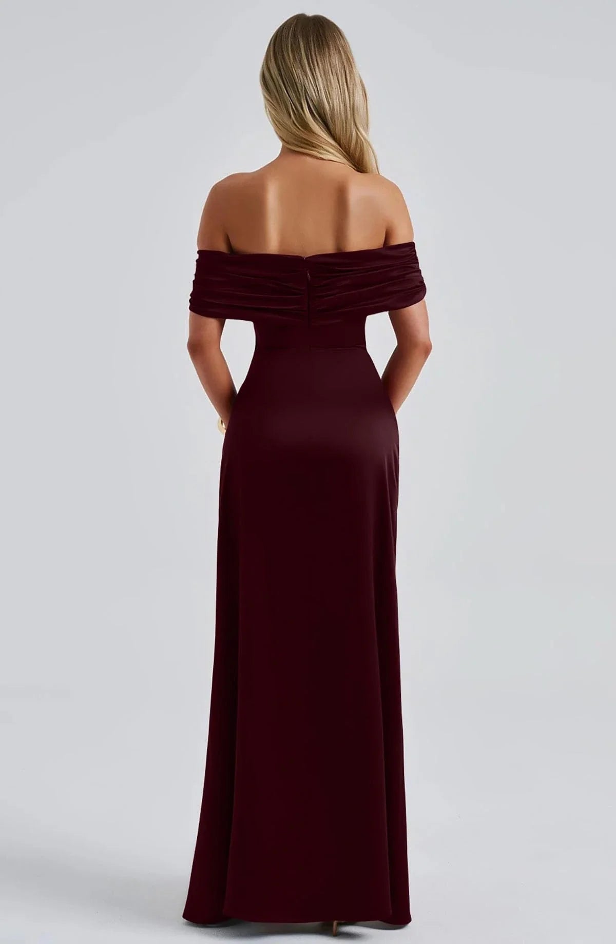 Glamorous Off-Shoulder Ruched High-Slit Satin Maxi Evening Dress