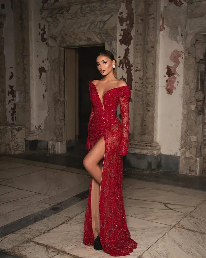 Glamorous Off-the-Shoulder Long Sleeve Deep V Beaded High Slit Lace Mermaid Maxi Dress