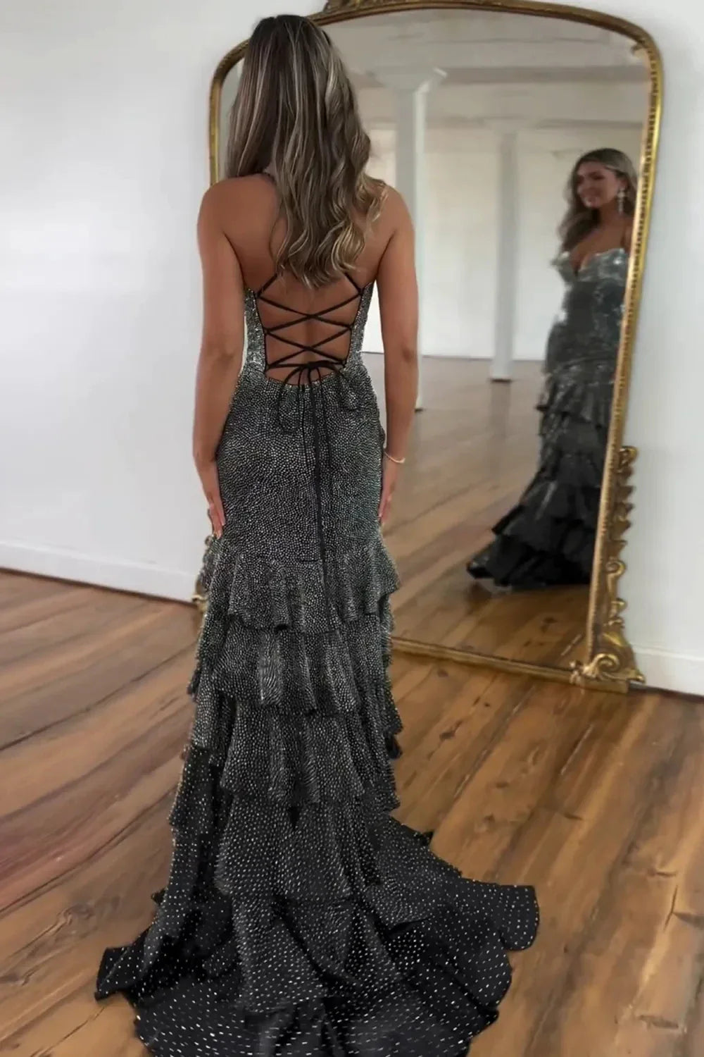 Glamorous Sequin Deep V-Neck Crisscross Back Tiered Ruffle High-Slit Mermaid Prom Dress