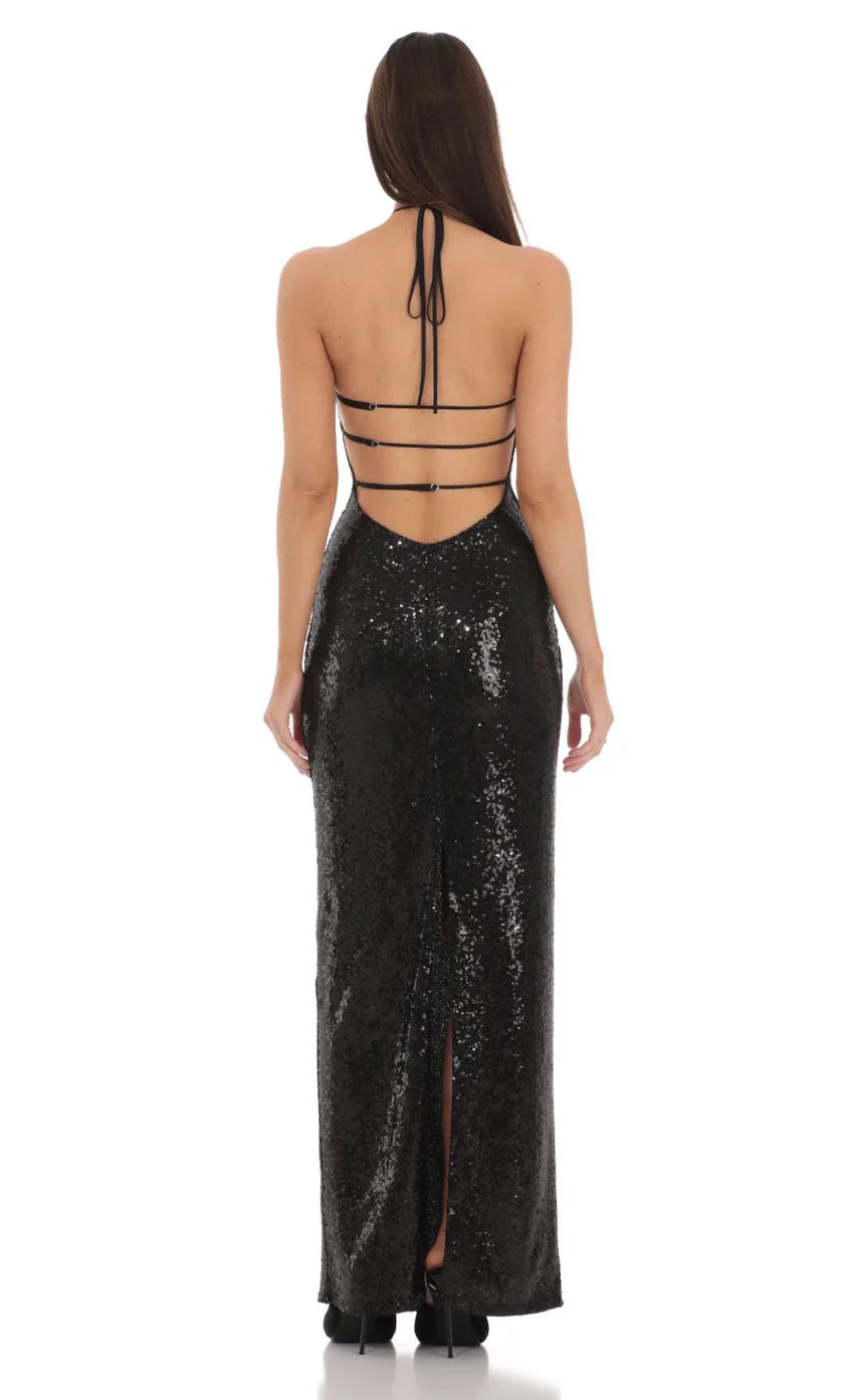 Glamorous Sheath Halter-Neck Sequin Multi-Cut-Out Back Floor-Length Prom Dresses