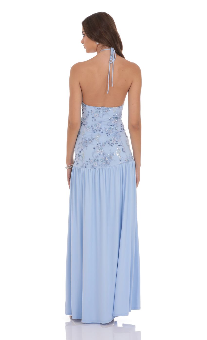 Glamorous Sheath Halter-Neck Sleeveless Open-Back Sky-Blue Sequin-Embroidered Floor-Length Prom Dresses
