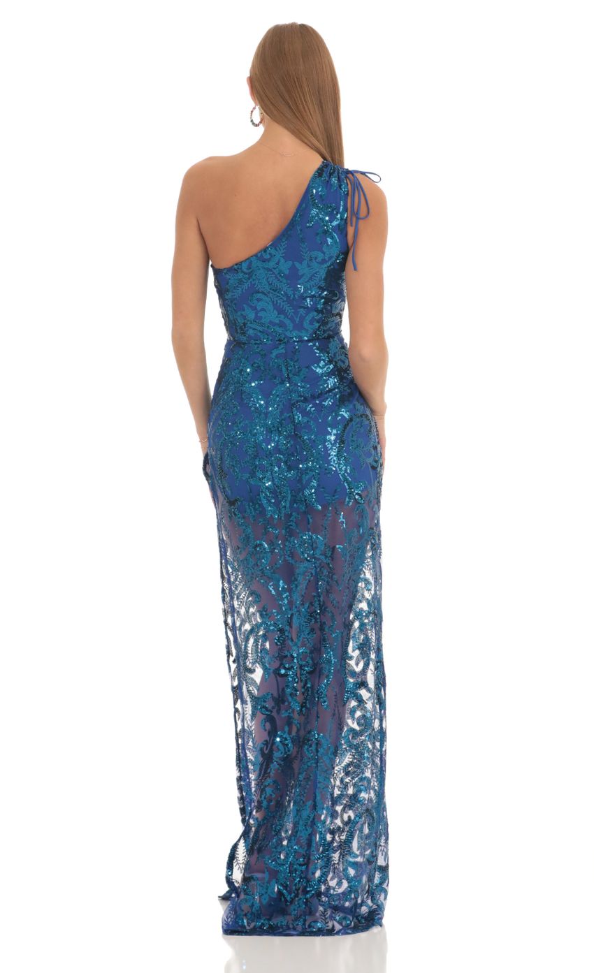 Glamorous Sheath One-Shoulder Sleeveless Tie-Back Teal Sequin-Lace Floor-Length Prom Dresses