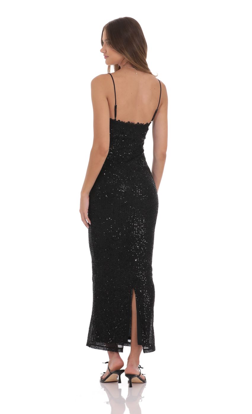 Glamorous Sheath Spaghetti-Strap Scallop-Edge Black Sequin Midi-Length Prom Dresses