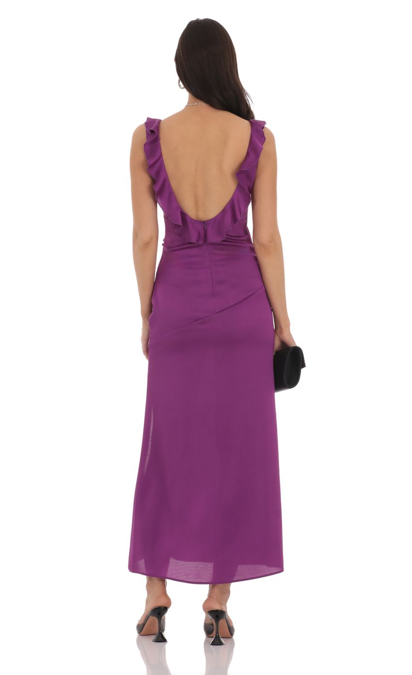 Glamorous Sheath V-Neck Sleeveless Ruffled Open-Back Magenta Satin Midi-Length Prom Dresses