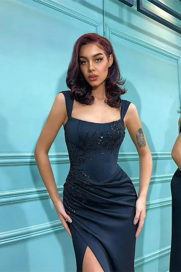Glamorous Square Neck Beaded Ruched High Slit Satin Maxi Dress